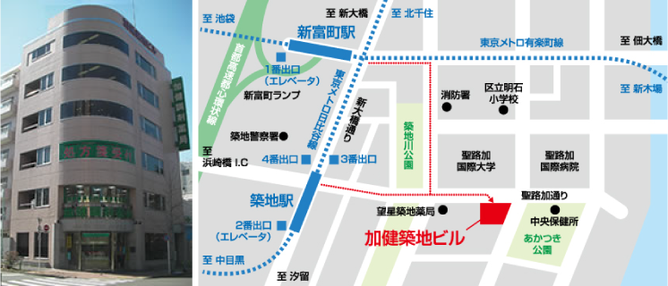 加健築地ビル（本社）の外観と周辺地図