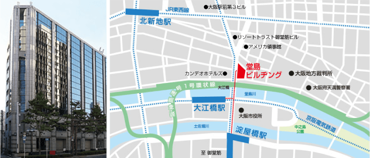 堂島ビルヂング（大阪営業所）の外観と周辺地図